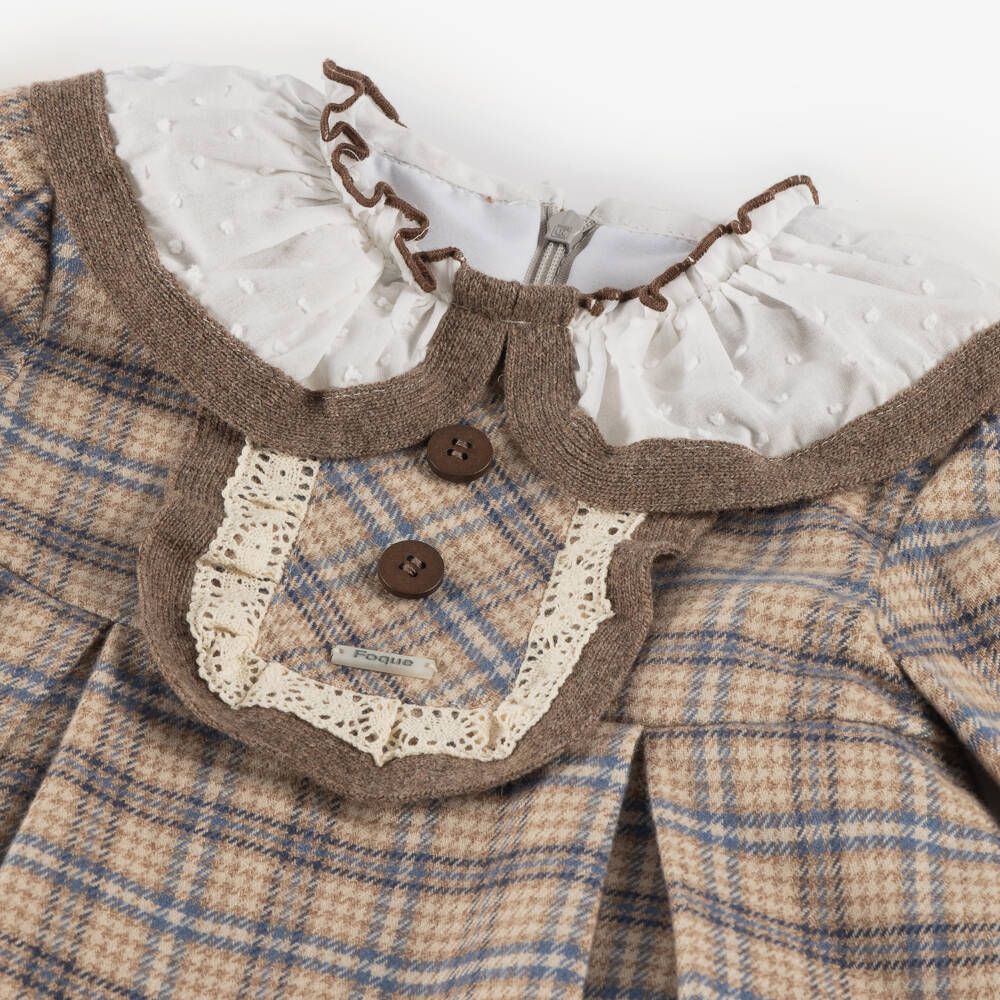 Foque-Girls Beige & Blue Checked Cotton Dress | Childrensalon Outlet