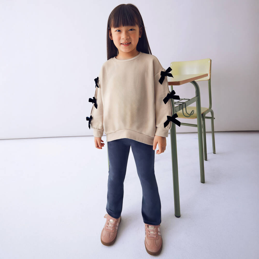Mayoral-Girls Beige & Blue Leggings Set with Velvet Bows | Childrensalon Outlet
