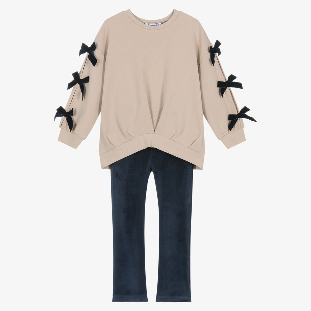 Mayoral-Girls Beige & Blue Leggings Set with Velvet Bows | Childrensalon Outlet