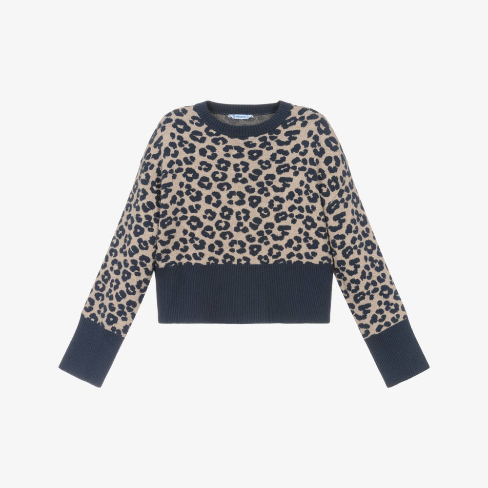 Mayoral-كنزة محبوكة بنقشة الفهد باللون الأزرق للبنات | Childrensalon Outlet