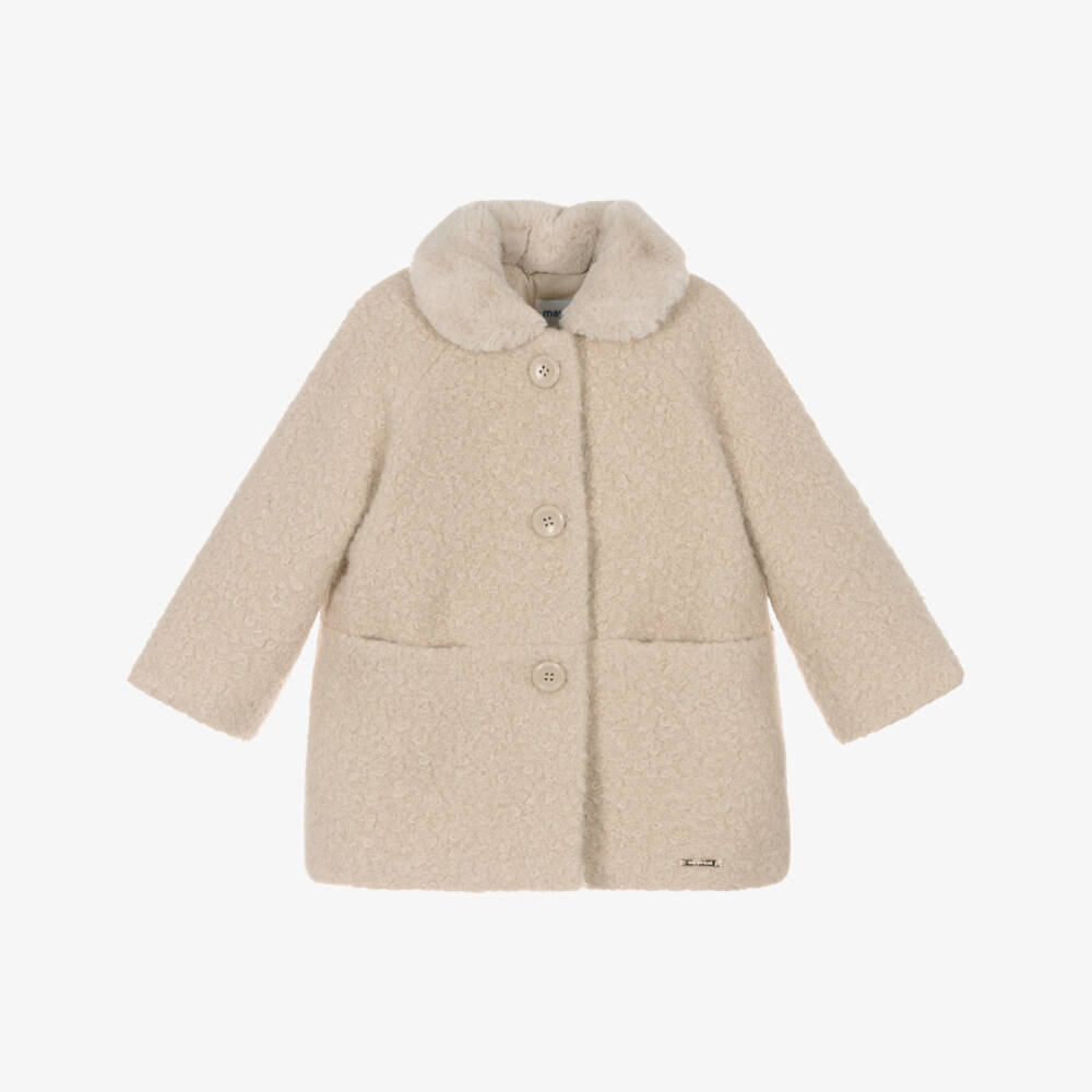 Mayoral-Girls Beige Boucle Coat with Faux Fur Collar | Childrensalon Outlet