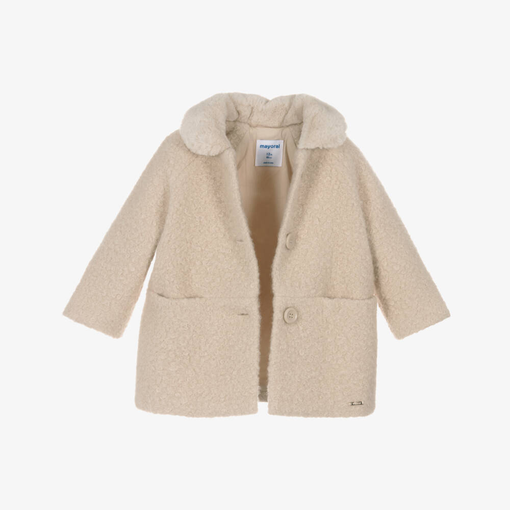Mayoral-Girls Beige Boucle Coat with Faux Fur Collar | Childrensalon Outlet
