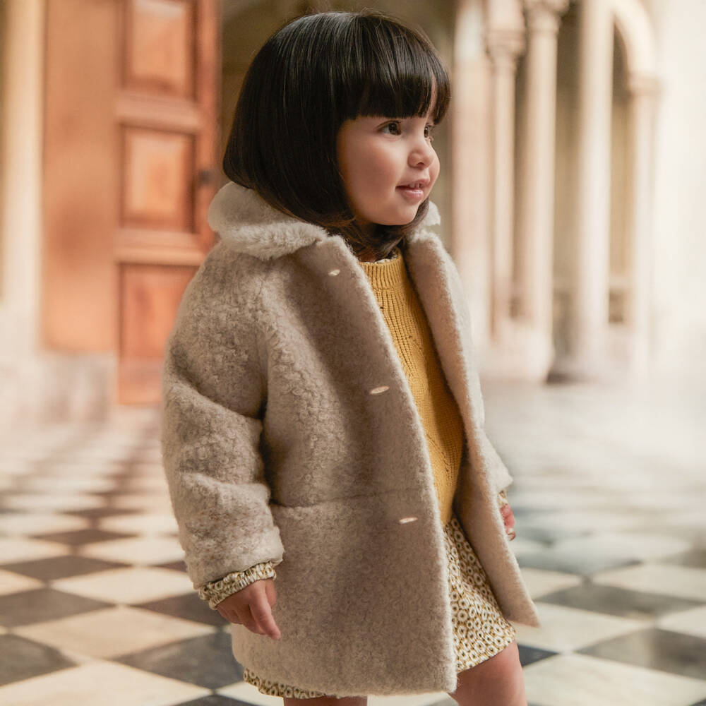 Mayoral-Girls Beige Boucle Coat with Faux Fur Collar | Childrensalon Outlet