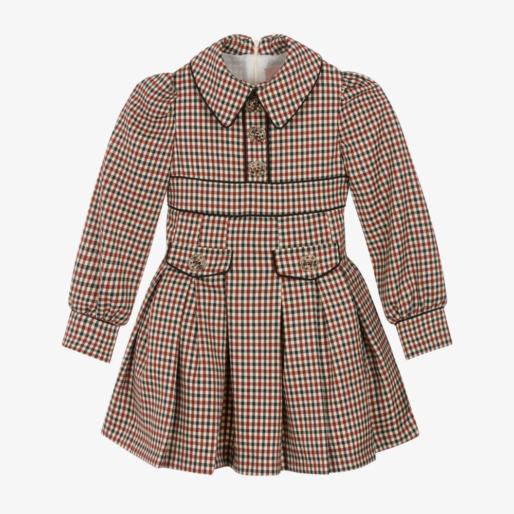 Irpa-Girls Beige & Burgundy Red Check Dress with Box Pleats | Childrensalon Outlet