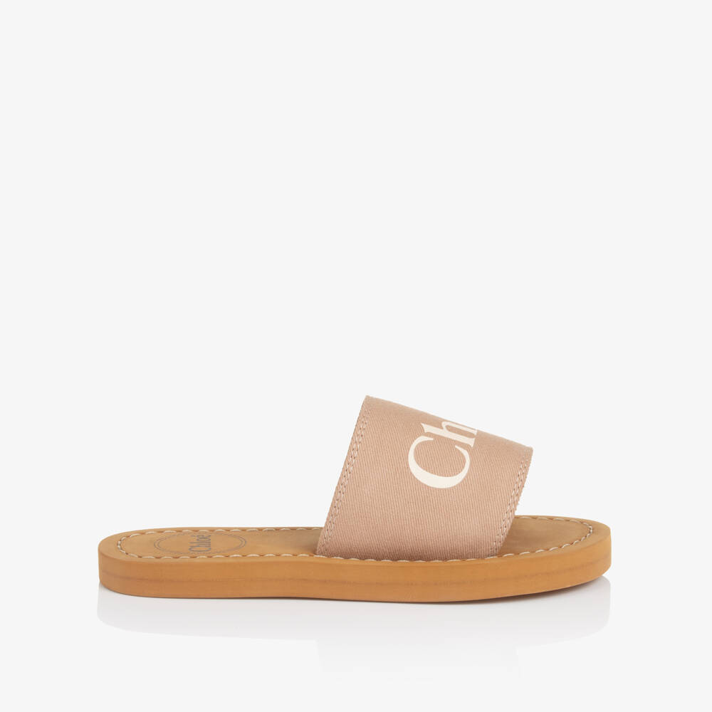 Chloé-Girls Beige Canvas Logo Sliders | Childrensalon Outlet