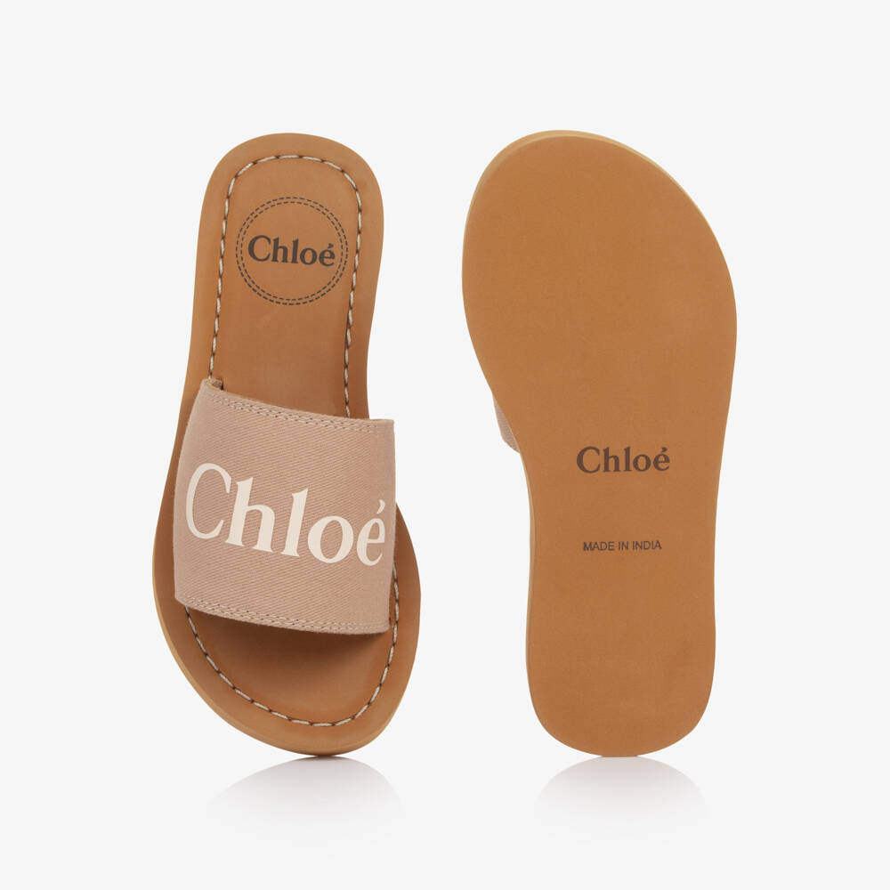 Chloé-Girls Beige Canvas Logo Sliders | Childrensalon Outlet