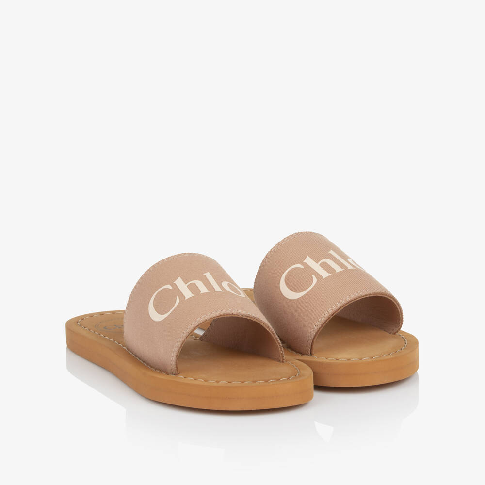 Chloé-Girls Beige Canvas Logo Sliders | Childrensalon Outlet