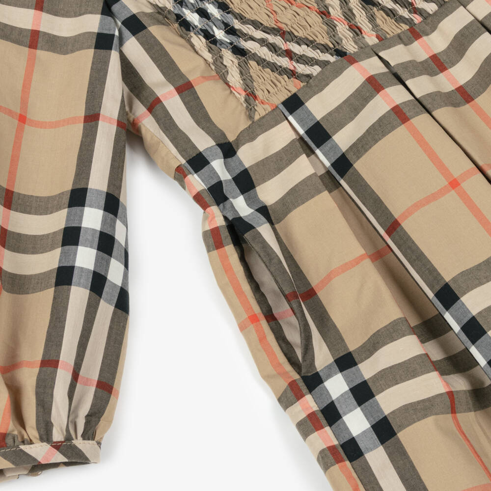 Burberry-Girls Beige Check Shirred Poplin Dress | Childrensalon Outlet
