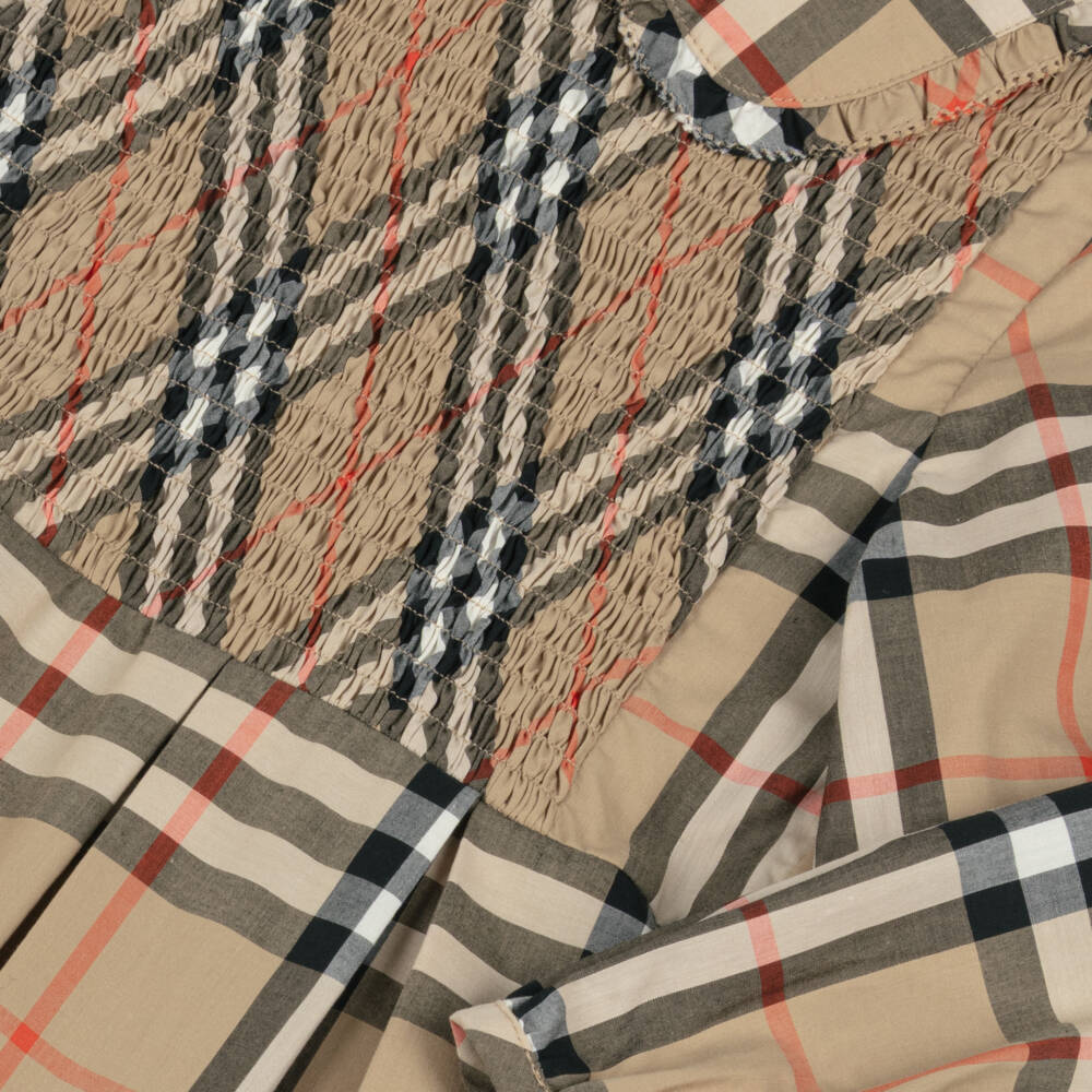 Burberry-Girls Beige Check Shirred Poplin Dress | Childrensalon Outlet