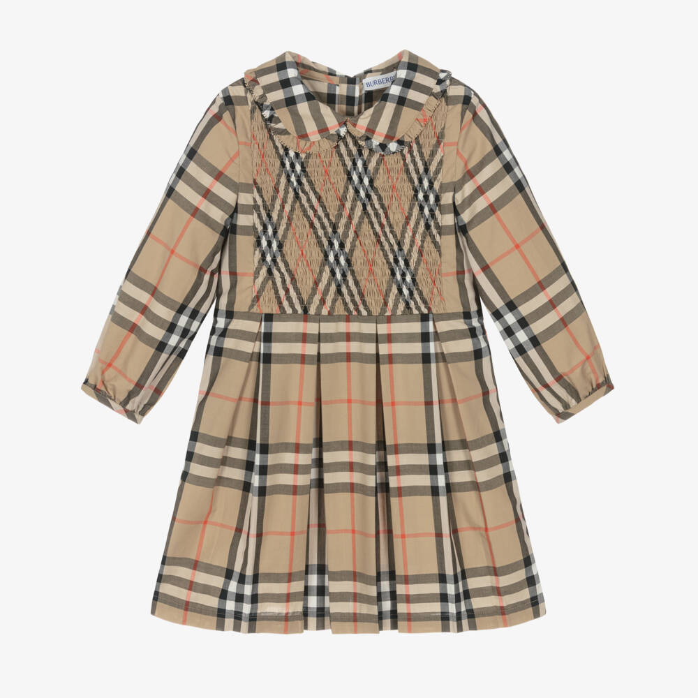 Burberry-Girls Beige Check Shirred Poplin Dress | Childrensalon Outlet