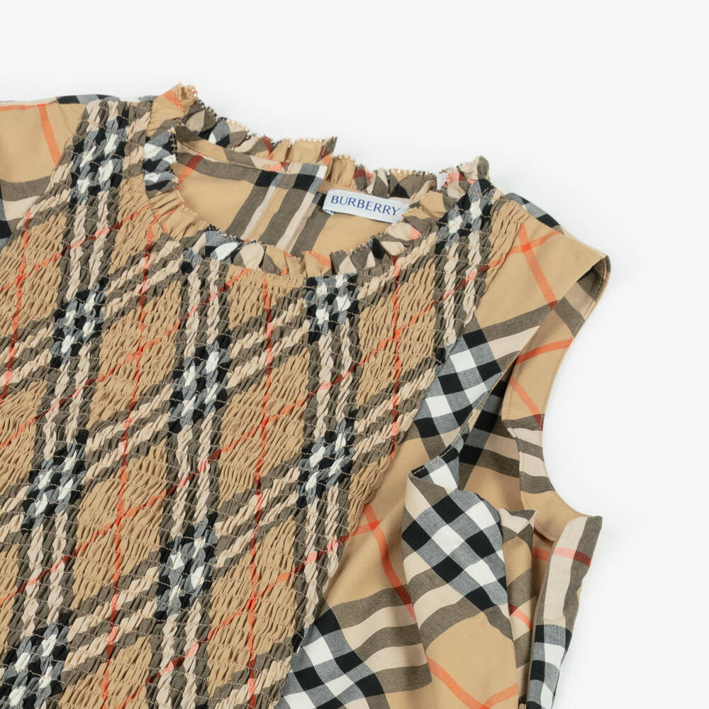 Burberry-Girls Beige Check Sleeveless Cotton Dress | Childrensalon Outlet