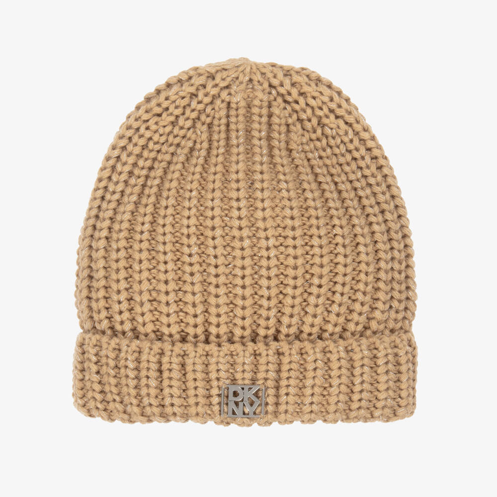DKNY-Girls Beige Chunky Knit Beanie with Silver Thread & Logo | Childrensalon Outlet