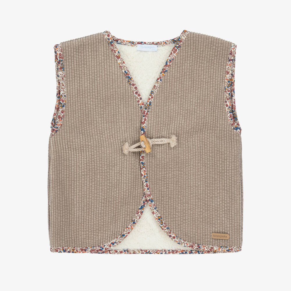 Laranjinha-Girls Beige Corduroy Waistcoat with Floral Trim | Childrensalon Outlet