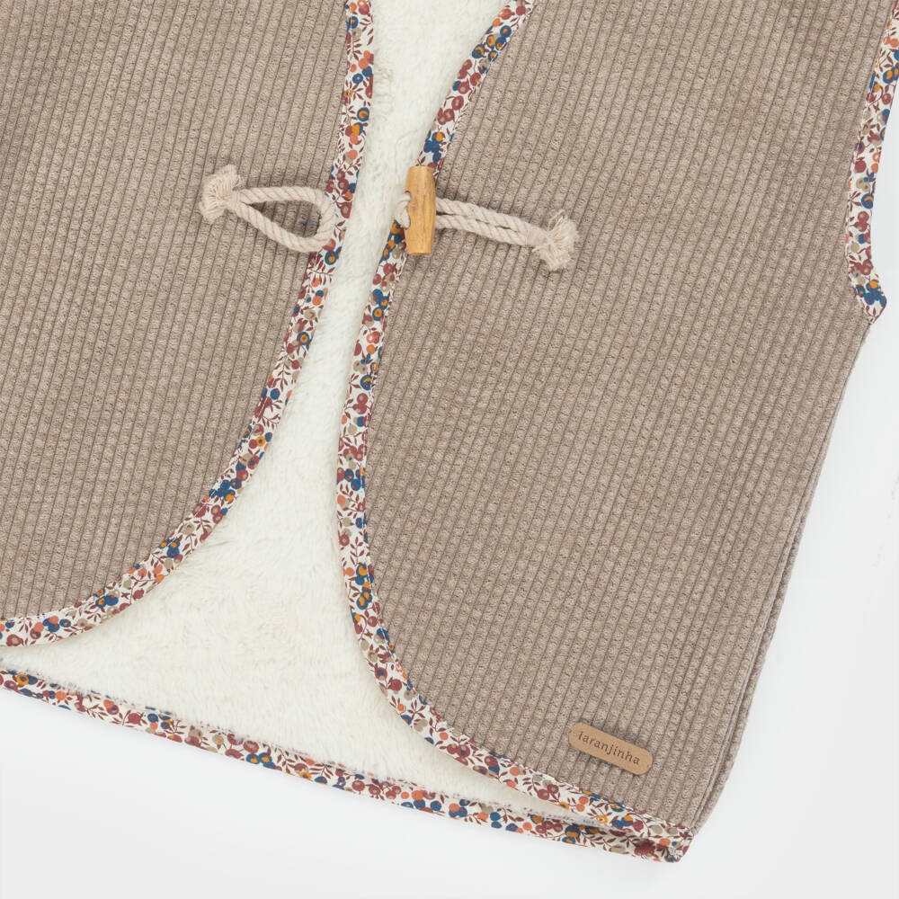 Laranjinha-Girls Beige Corduroy Waistcoat with Floral Trim | Childrensalon Outlet