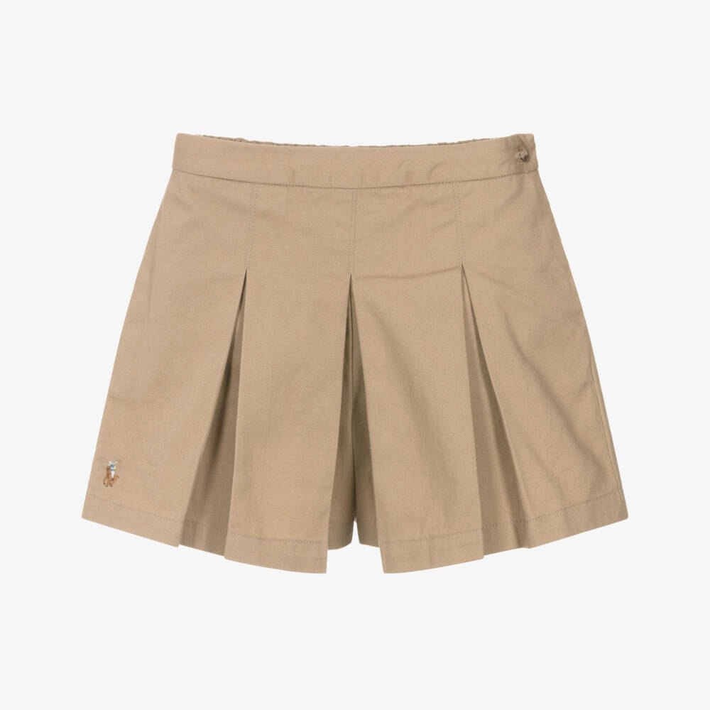 Ralph Lauren-Girls Beige Cotton Box Pleated Shorts | Childrensalon Outlet