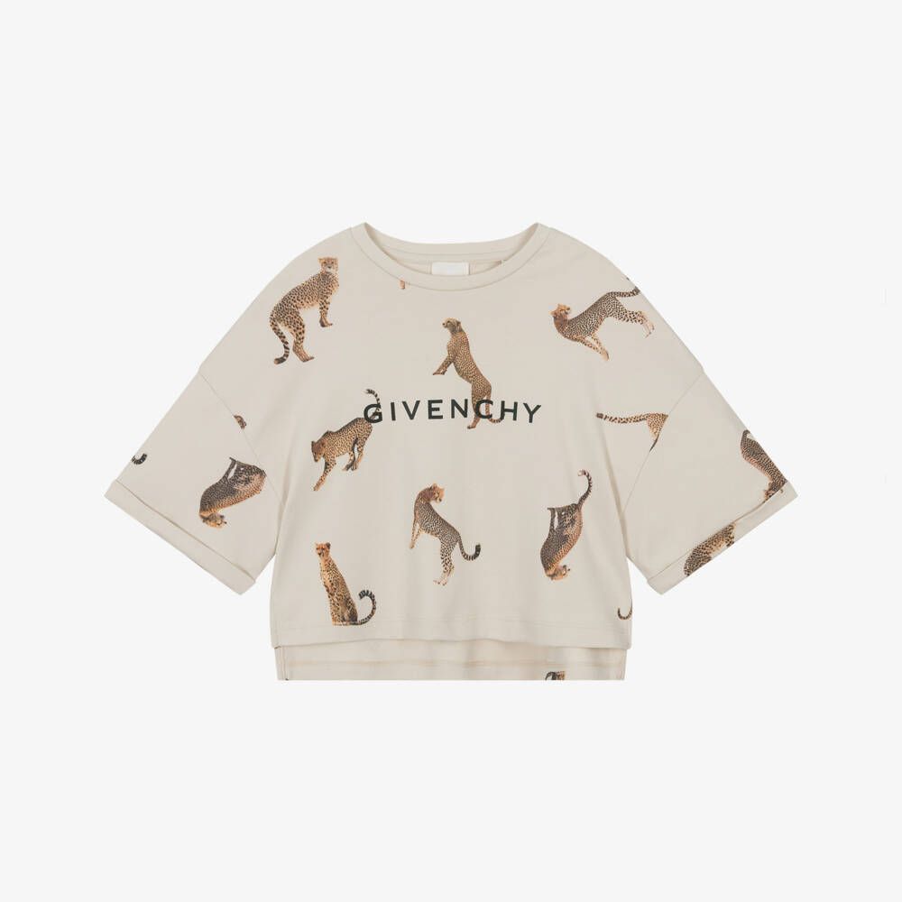 Givenchy-Girls Beige Cotton Cheetah Print T-Shirt | Childrensalon Outlet