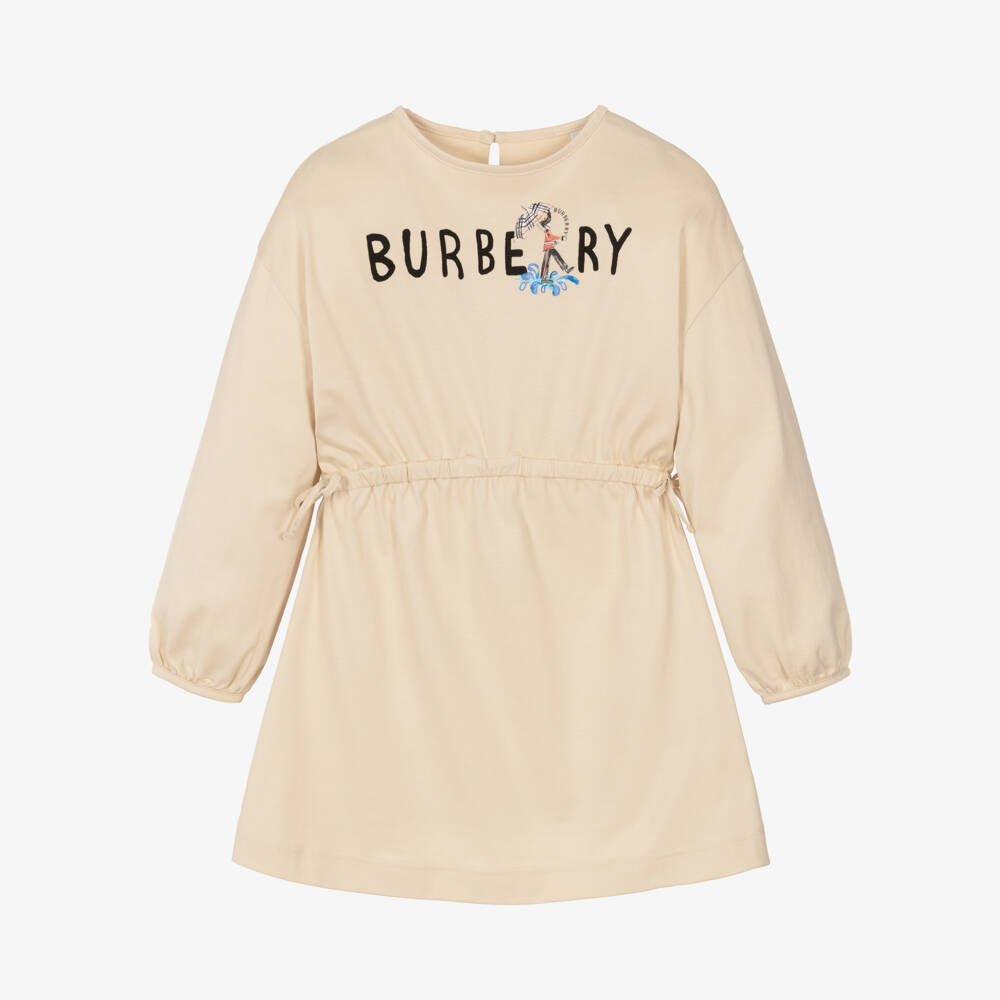 Burberry-Girls Beige Cotton Dress with King's Guard & Logo  | Childrensalon Outlet