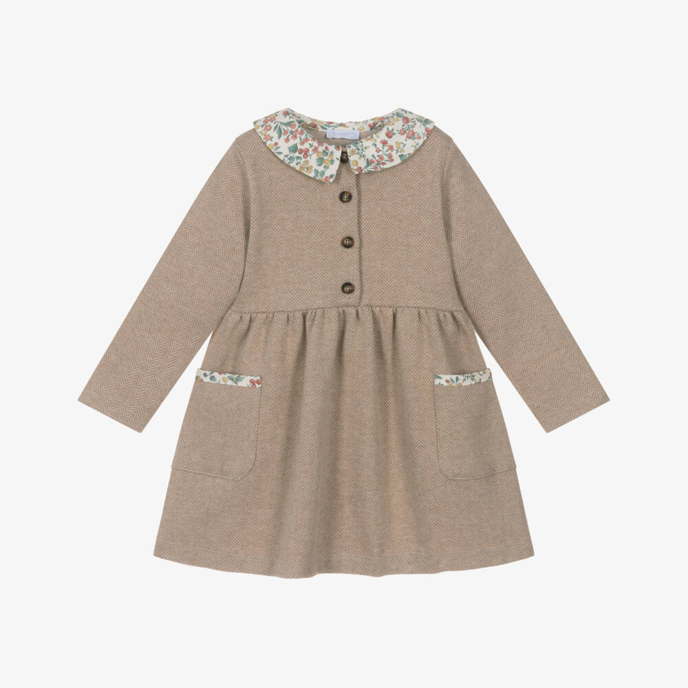 Laranjinha-Girls Beige Cotton Jersey Herringbone Dress | Childrensalon Outlet