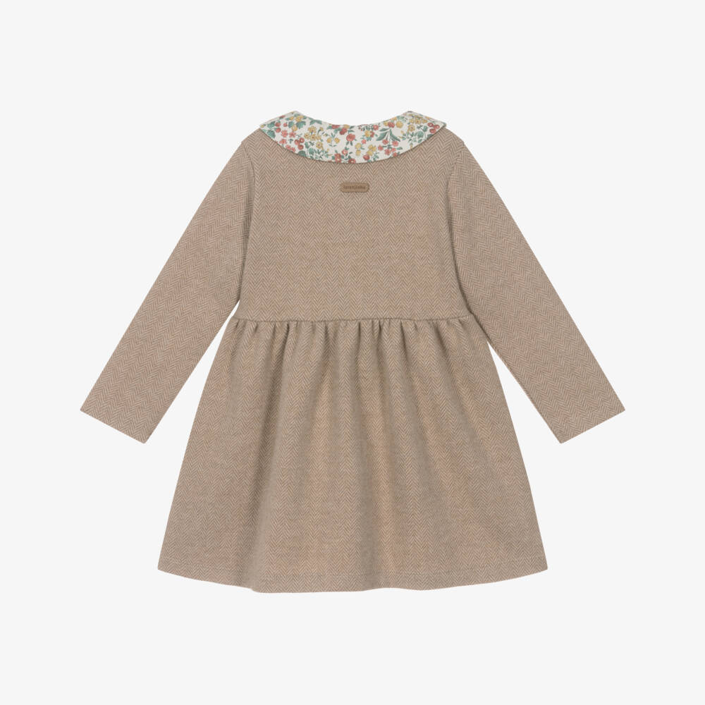 Laranjinha-Girls Beige Cotton Jersey Herringbone Dress | Childrensalon Outlet