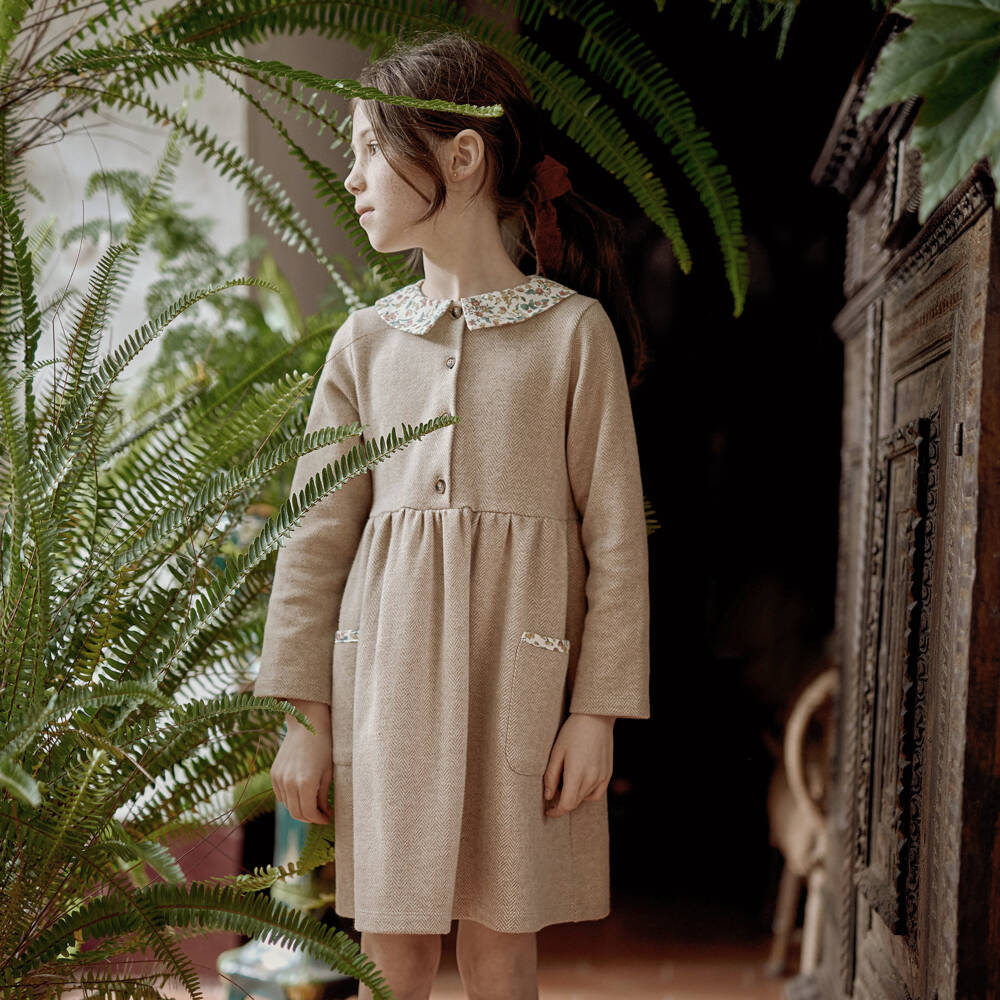 Laranjinha-Girls Beige Cotton Jersey Herringbone Dress | Childrensalon Outlet
