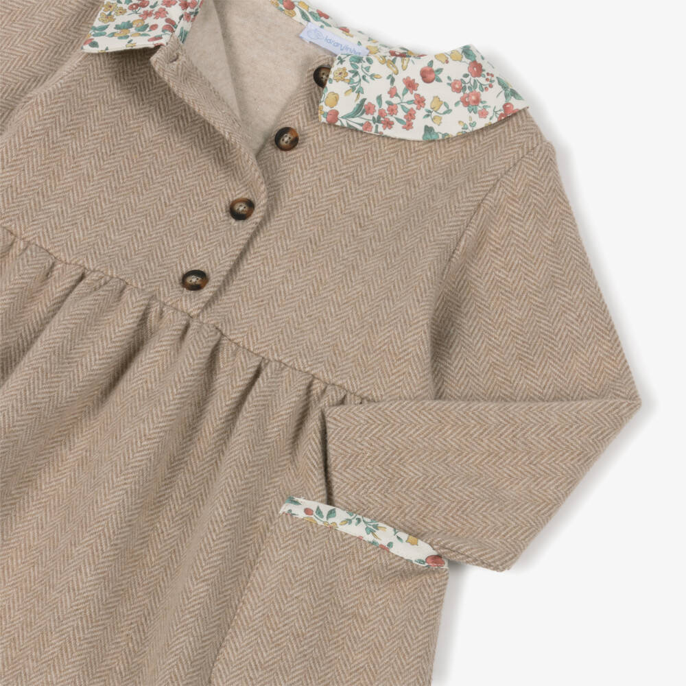 Laranjinha-Girls Beige Cotton Jersey Herringbone Dress | Childrensalon Outlet