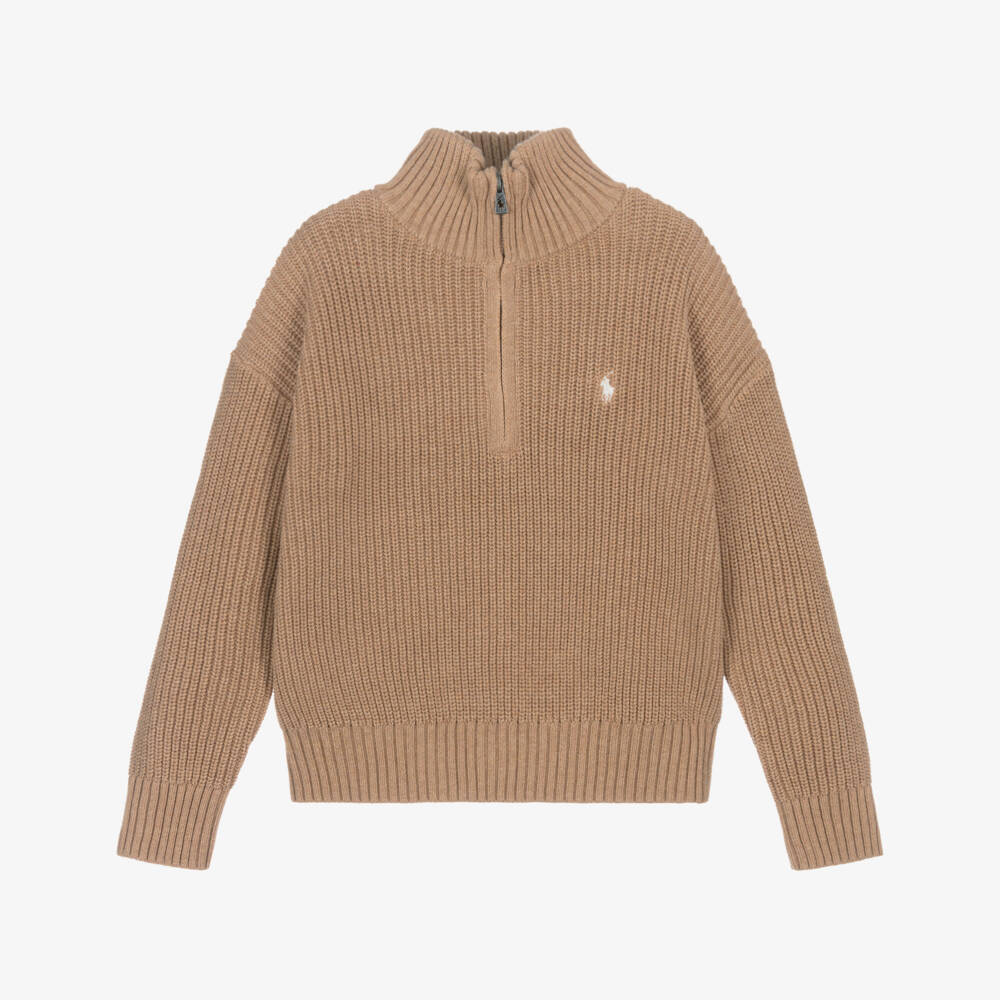 Ralph Lauren-Girls Beige Cotton Knit Quarter-Zip Sweater | Childrensalon Outlet