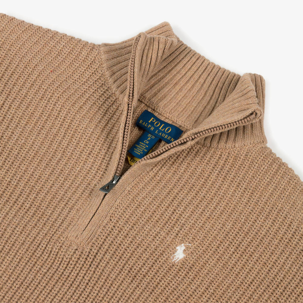 Ralph Lauren-Girls Beige Cotton Knit Quarter-Zip Sweater | Childrensalon Outlet
