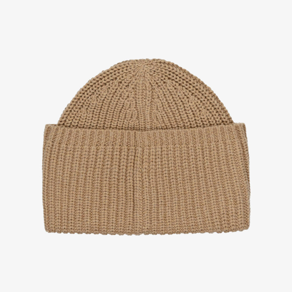 Ralph Lauren-Girls Beige Cotton Ribbed Knit Beanie Hat with Pony Logo Tab | Childrensalon Outlet