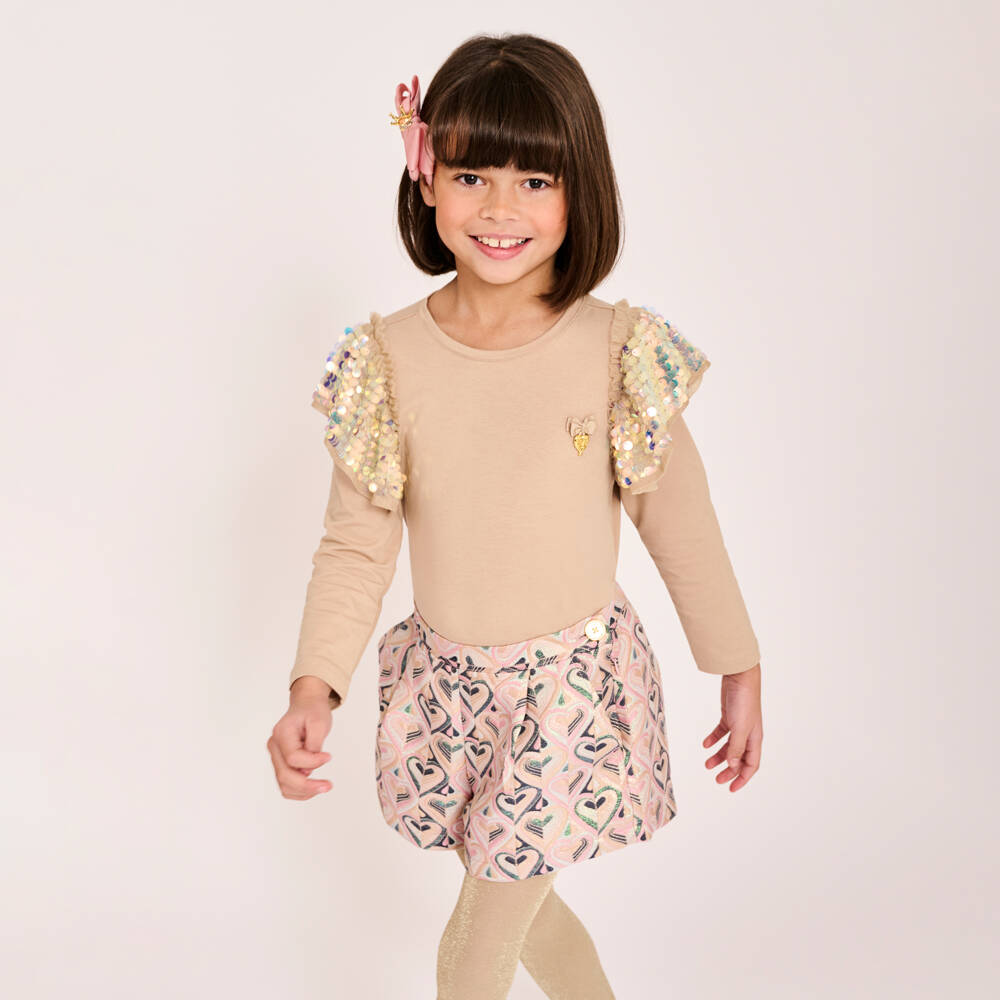 Angel's Face-Girls Beige Cotton Sequin Top | Childrensalon Outlet