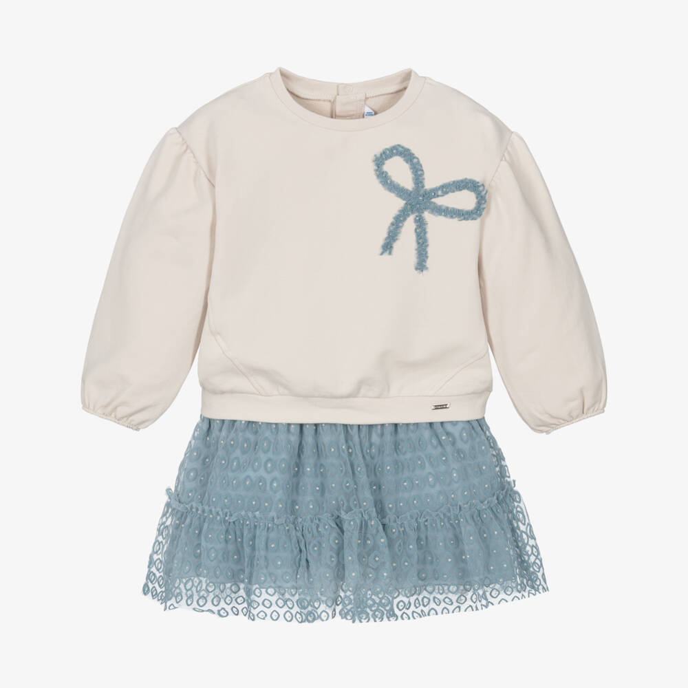 Mayoral-Girls Beige Cotton Sweatshirt & Blue Tulle Skirt Set | Childrensalon Outlet