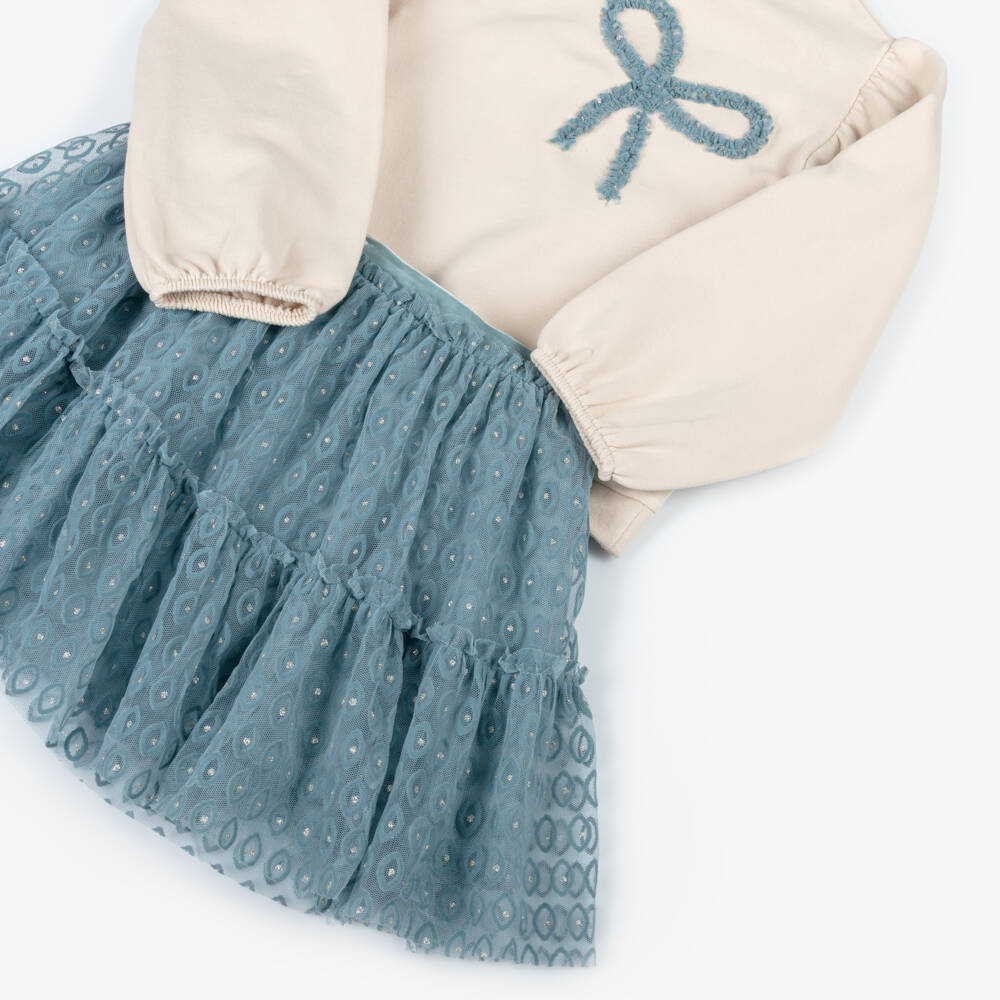 Mayoral-Girls Beige Cotton Sweatshirt & Blue Tulle Skirt Set | Childrensalon Outlet