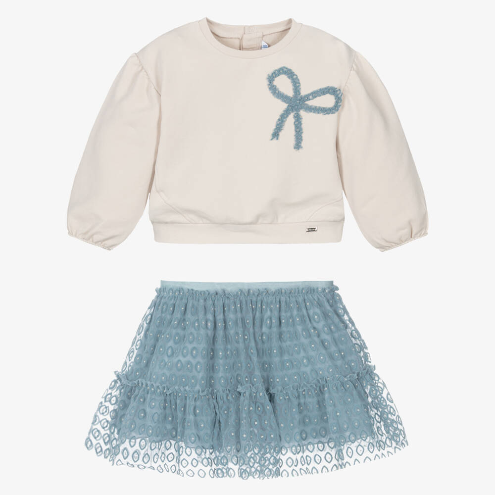 Mayoral-Girls Beige Cotton Sweatshirt & Blue Tulle Skirt Set | Childrensalon Outlet