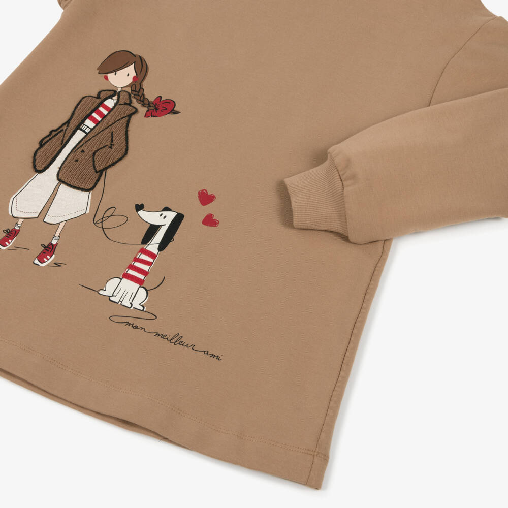 Mayoral-Girls Beige Cotton Sweatshirt Dress with Dog Walker Motif | Childrensalon Outlet