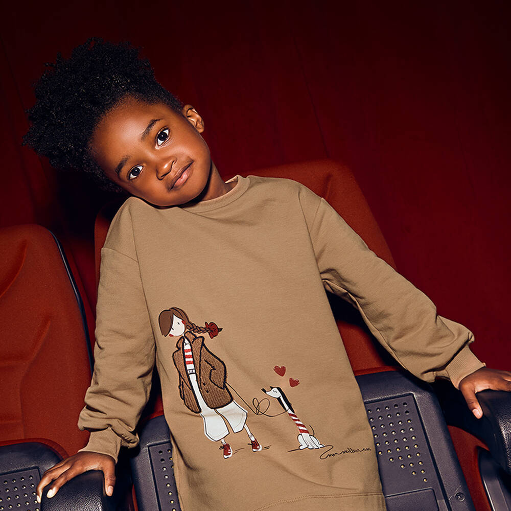 Mayoral-Girls Beige Cotton Sweatshirt Dress with Dog Walker Motif | Childrensalon Outlet