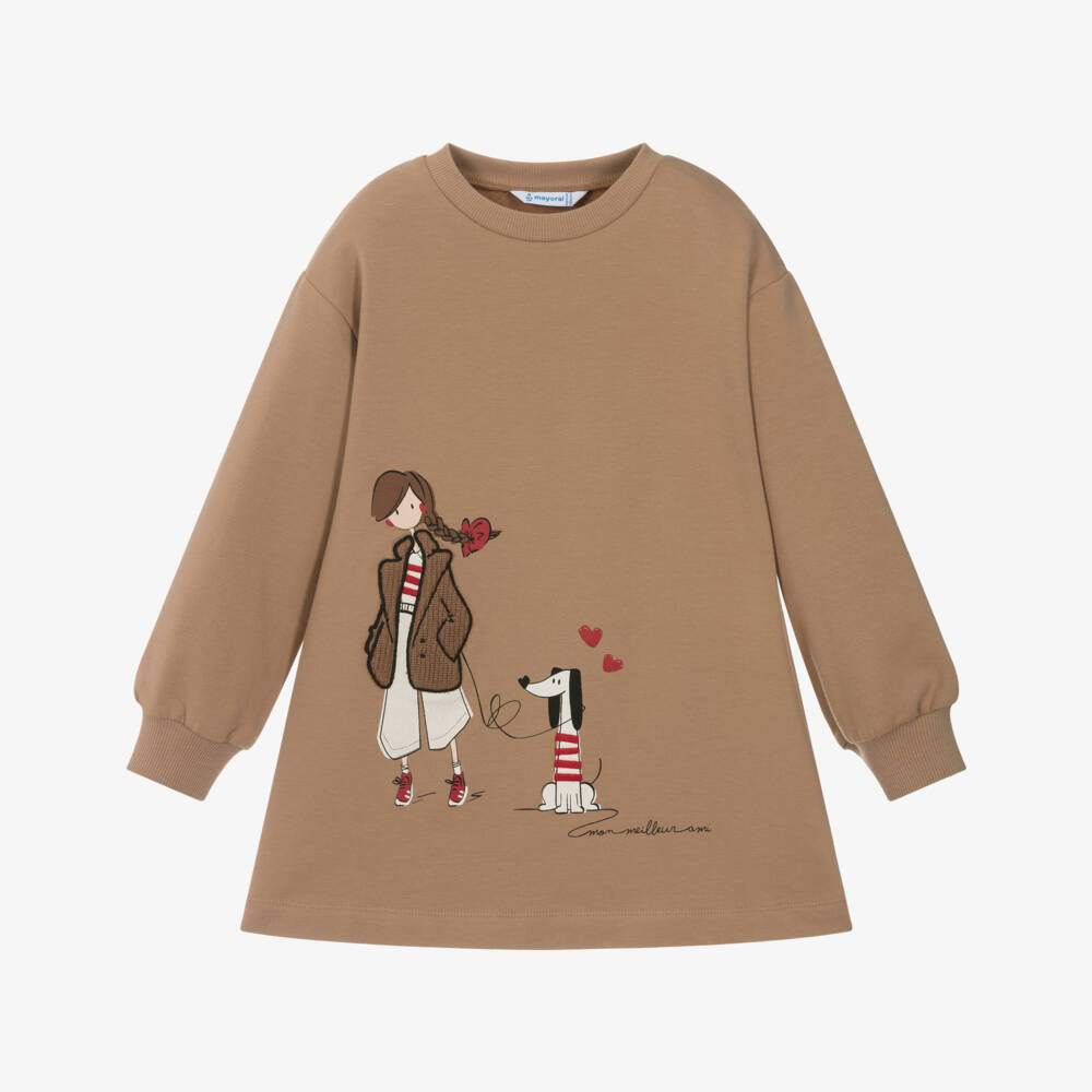 Mayoral-Girls Beige Cotton Sweatshirt Dress with Dog Walker Motif | Childrensalon Outlet