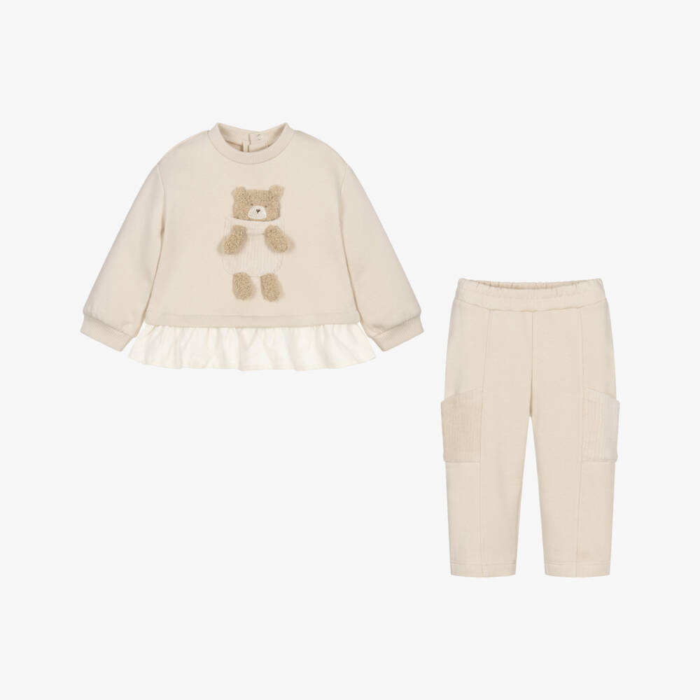 Mayoral-Girls Beige Cotton Tracksuit with Teddy Bear Pocket | Childrensalon Outlet