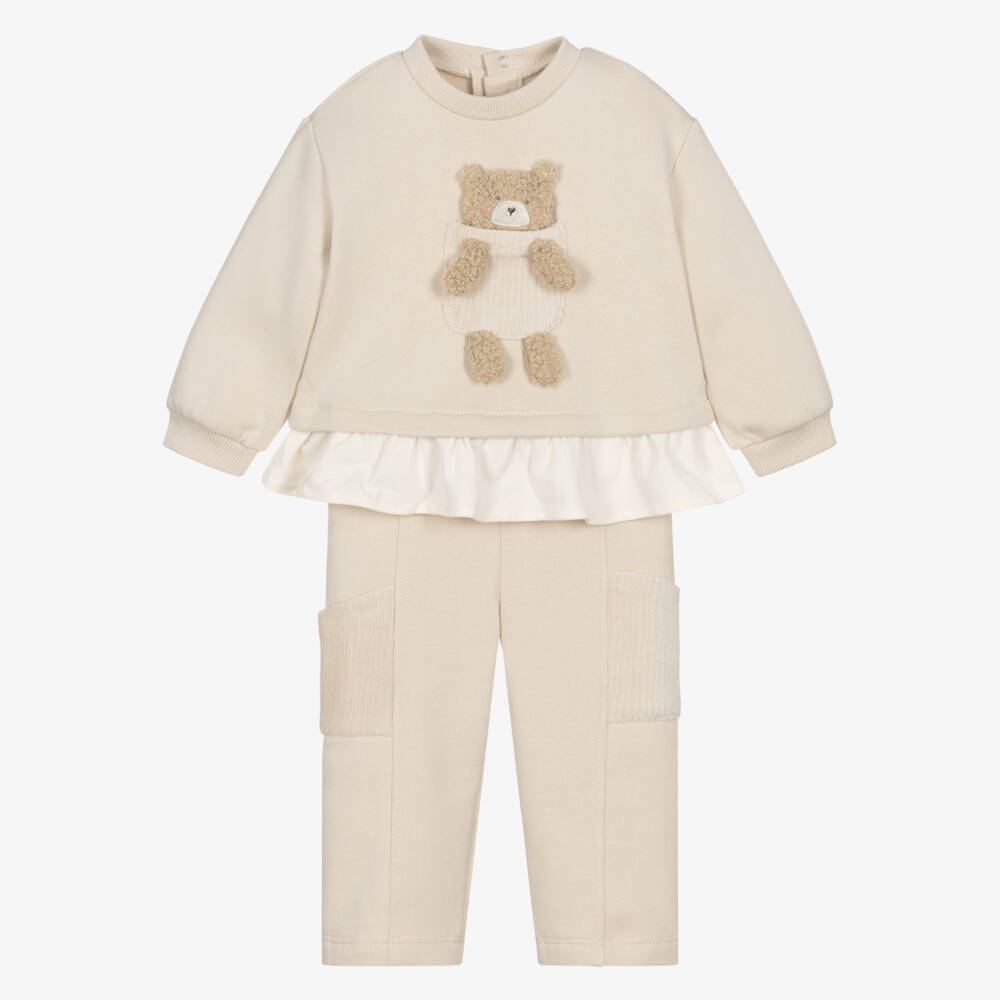 Mayoral-Girls Beige Cotton Tracksuit with Teddy Bear Pocket | Childrensalon Outlet