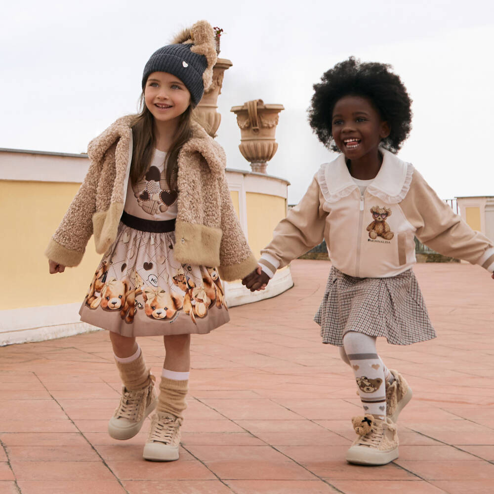 Monnalisa-Girls Beige Cotton Twill Teddy Bear Skirt | Childrensalon Outlet
