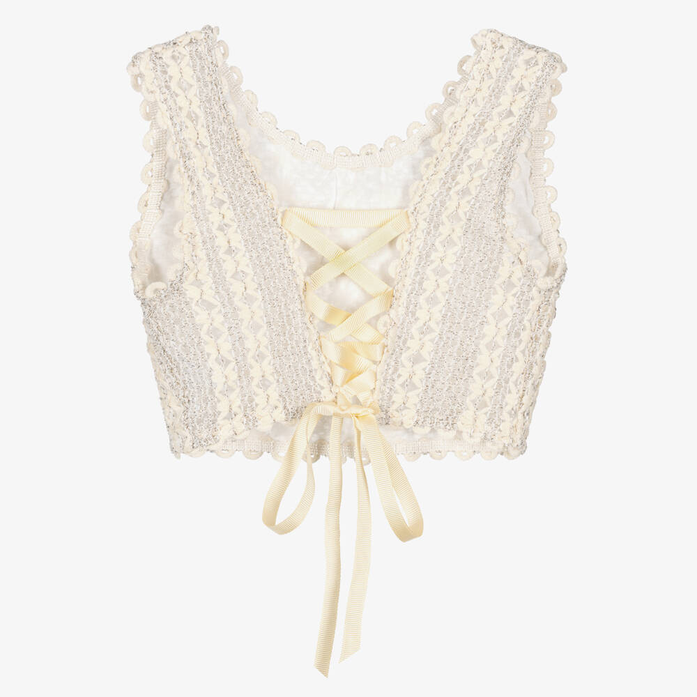 Nessi Byrd-Girls Beige Crochet Top with Lace-Up Ribbon (UV50) | Childrensalon Outlet
