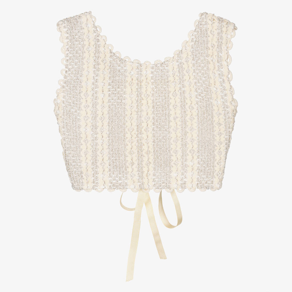 Nessi Byrd-Girls Beige Crochet Top with Lace-Up Ribbon (UV50) | Childrensalon Outlet