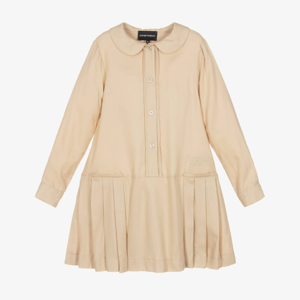 Emporio Armani-Girls Beige Dropped Waist Pleated Dress with Logo | Childrensalon Outlet