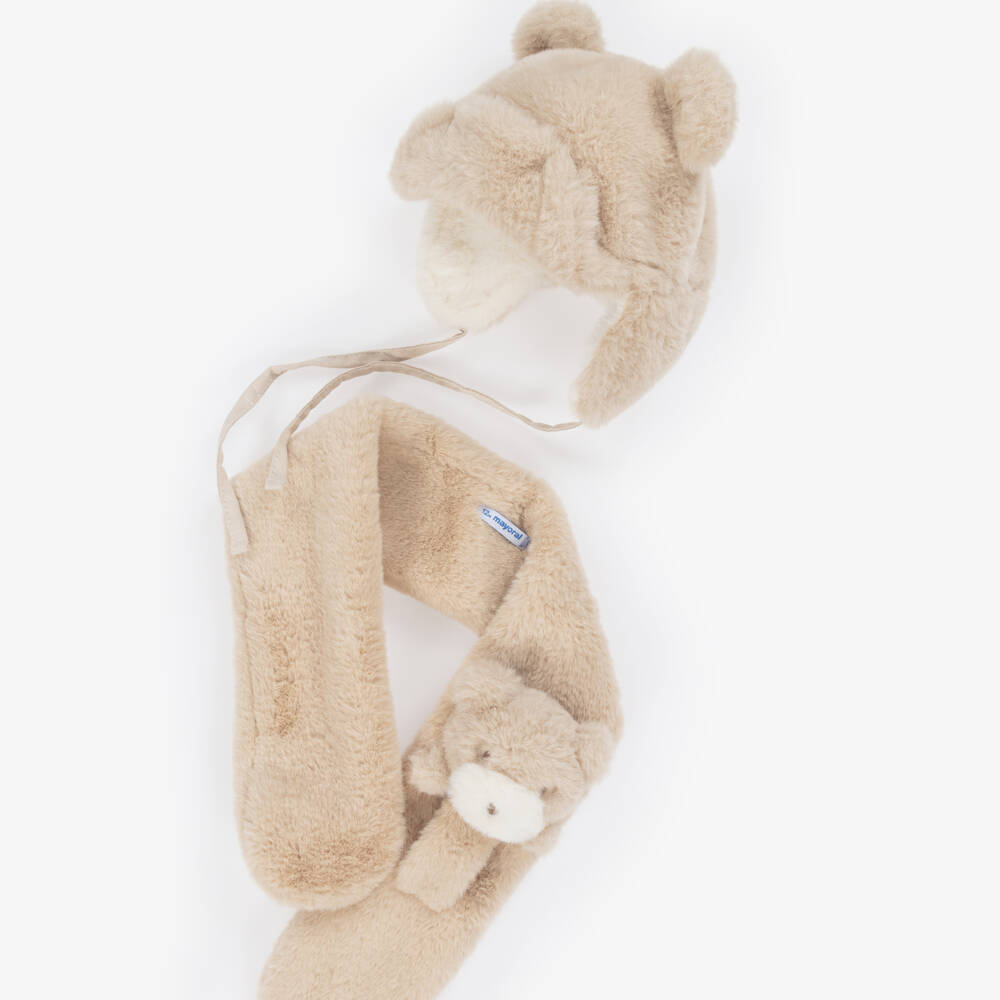 Mayoral-Girls Beige Faux Fur Bear Hat & Scarf Set | Childrensalon Outlet