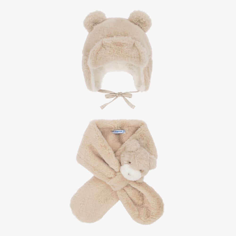 Mayoral-Girls Beige Faux Fur Bear Hat & Scarf Set | Childrensalon Outlet