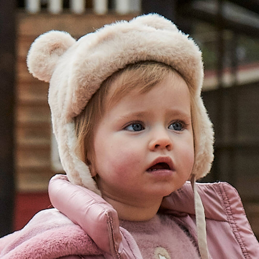 Mayoral-Girls Beige Faux Fur Bear Hat & Scarf Set | Childrensalon Outlet