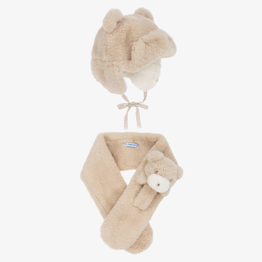 Mayoral-Girls Beige Faux Fur Bear Hat & Scarf Set | Childrensalon Outlet
