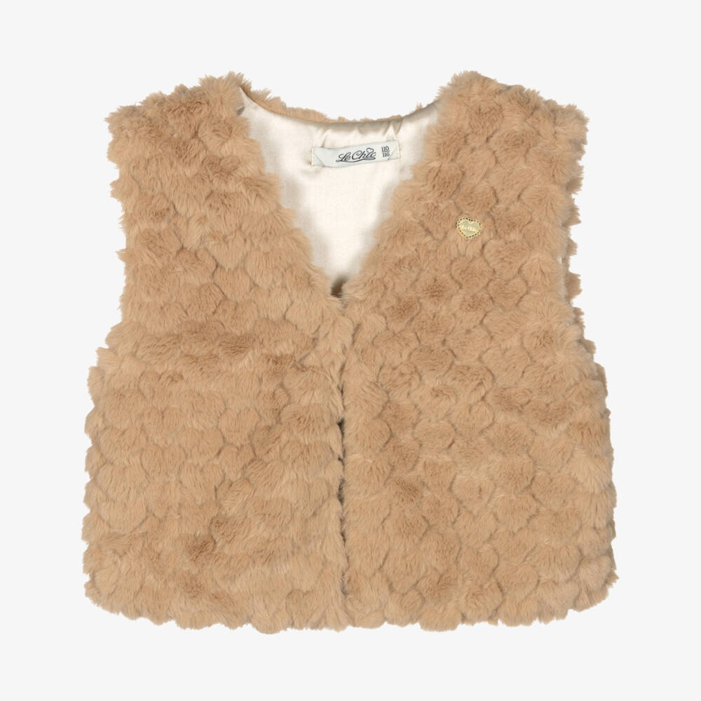 Le Chic-Girls Beige Faux Fur Heart Gilet with Gold Heart Logo Charm | Childrensalon Outlet