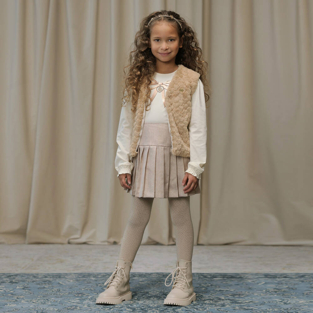 Le Chic-Girls Beige Faux Fur Heart Gilet with Gold Heart Logo Charm | Childrensalon Outlet
