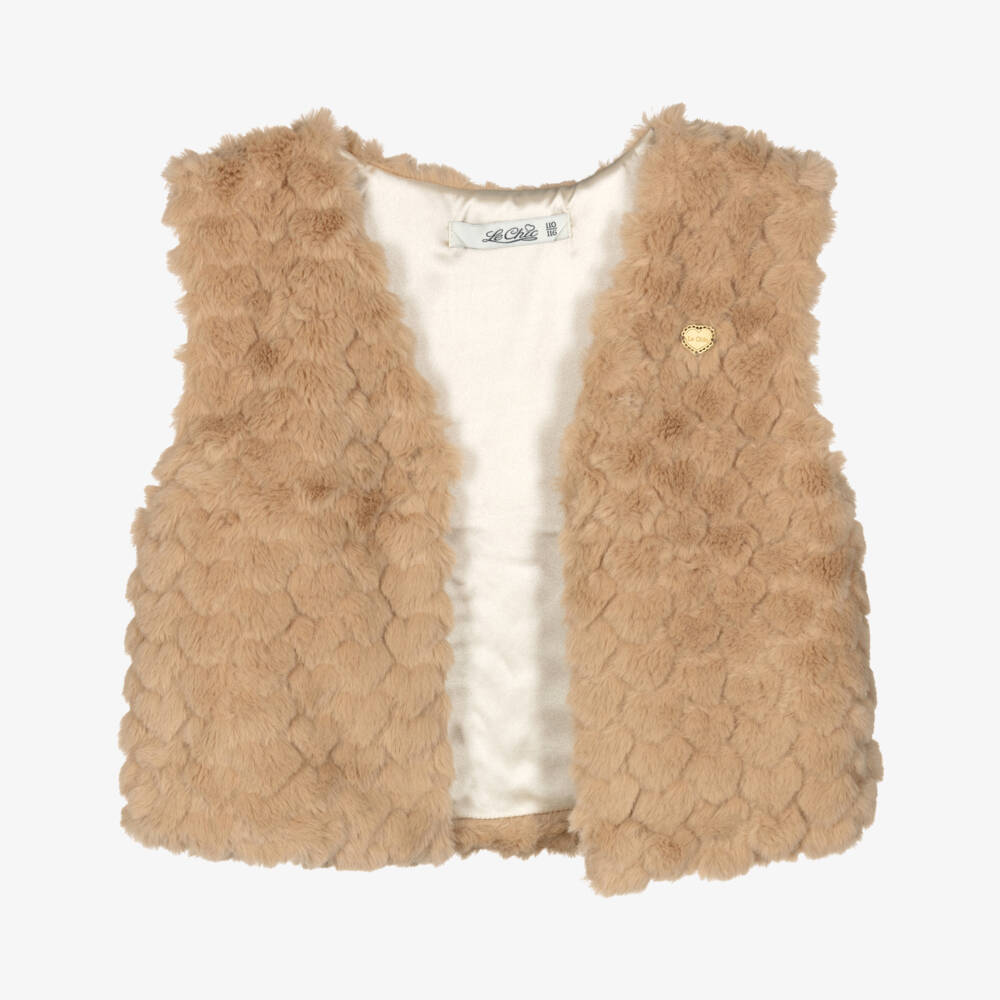Le Chic-Girls Beige Faux Fur Heart Gilet with Gold Heart Logo Charm | Childrensalon Outlet