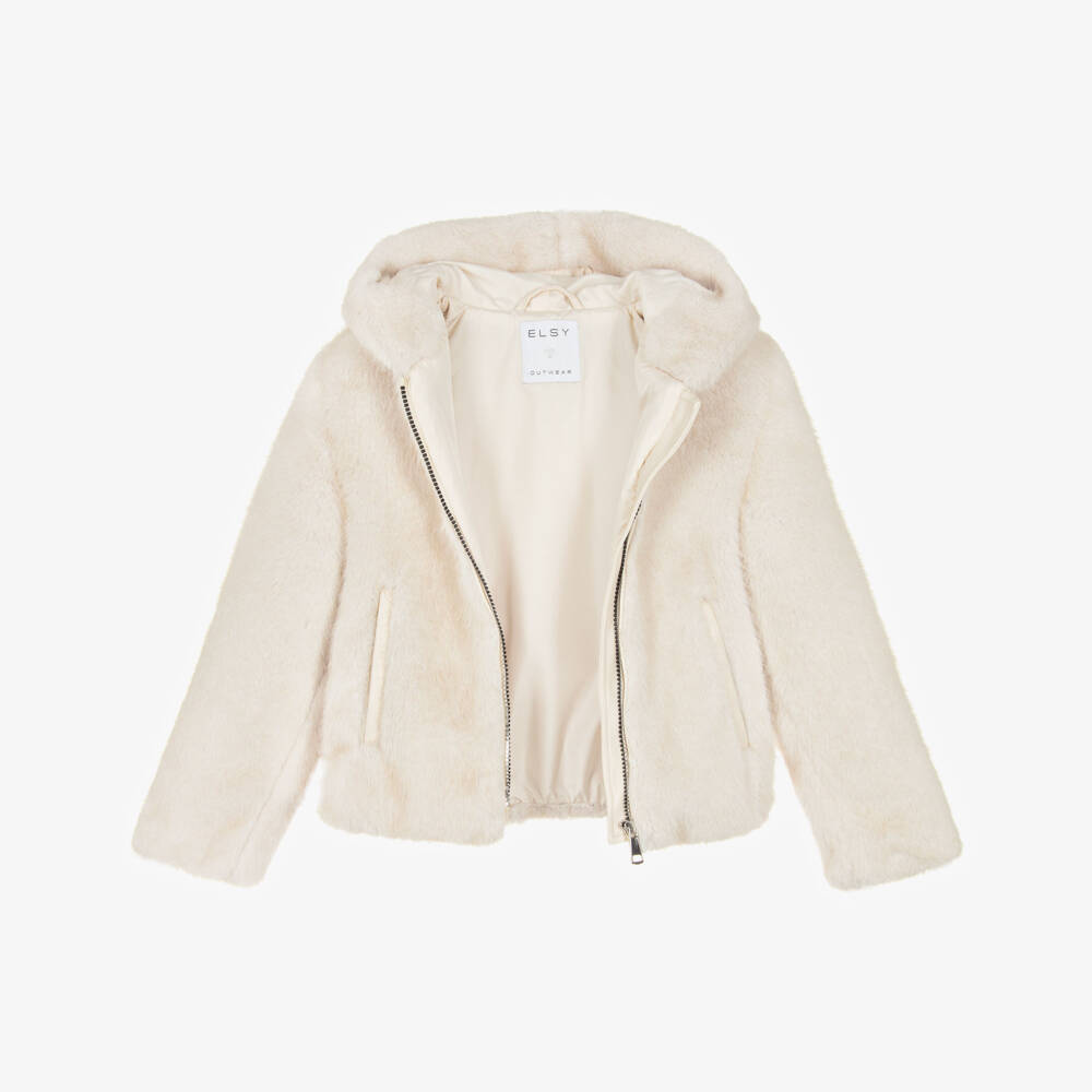 Elsy-Girls Beige Faux Fur Hooded Jacket | Childrensalon Outlet