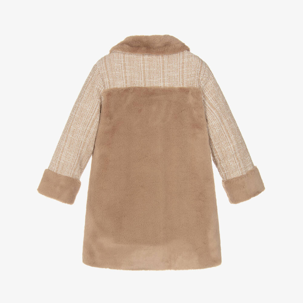 Patachou-Girls Beige Faux fur & Tweed Coat | Childrensalon Outlet